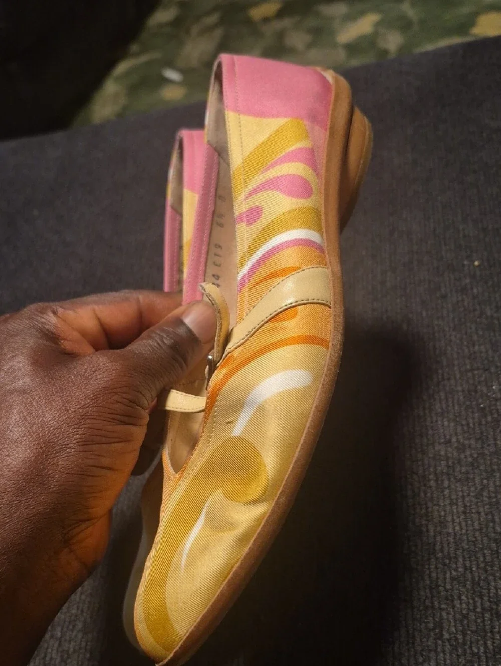 Salvatore Ferragamo Pink, Yellow & Orange Patterned Mary Jane Flats